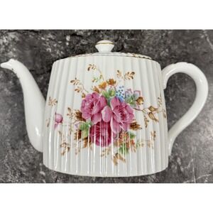 Vintage Ellgreave Woods &‎ Sons Teapot Genuine Ironstone Gold Trim Floral W/Lid